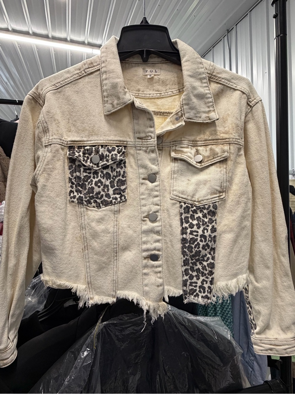 POL Cream Cropped Denim Jacket with Leopard Patches Sz Sm